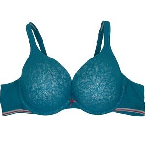 Cacique Teal Lace Boost Plunge Bra 44C Underwire Lined‎ Sexy Red White Stripe